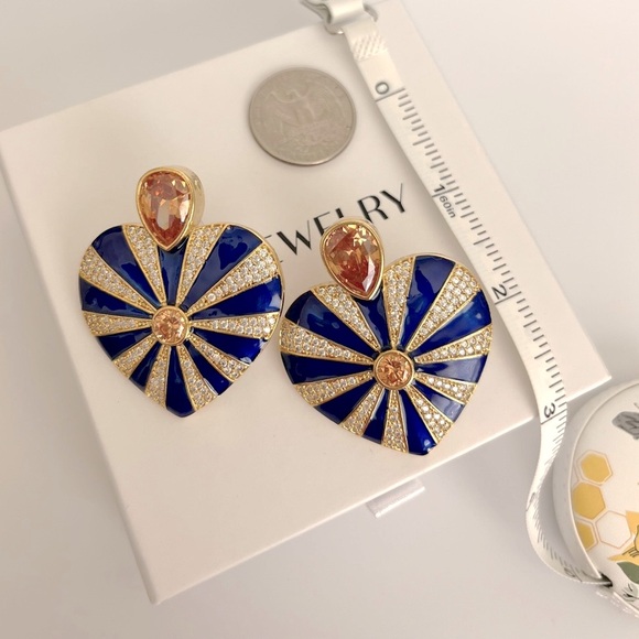 Heart Earrings 22k Gold Plated Enameled Handcrafted Luxury Jewelry - Picture 5 of 10